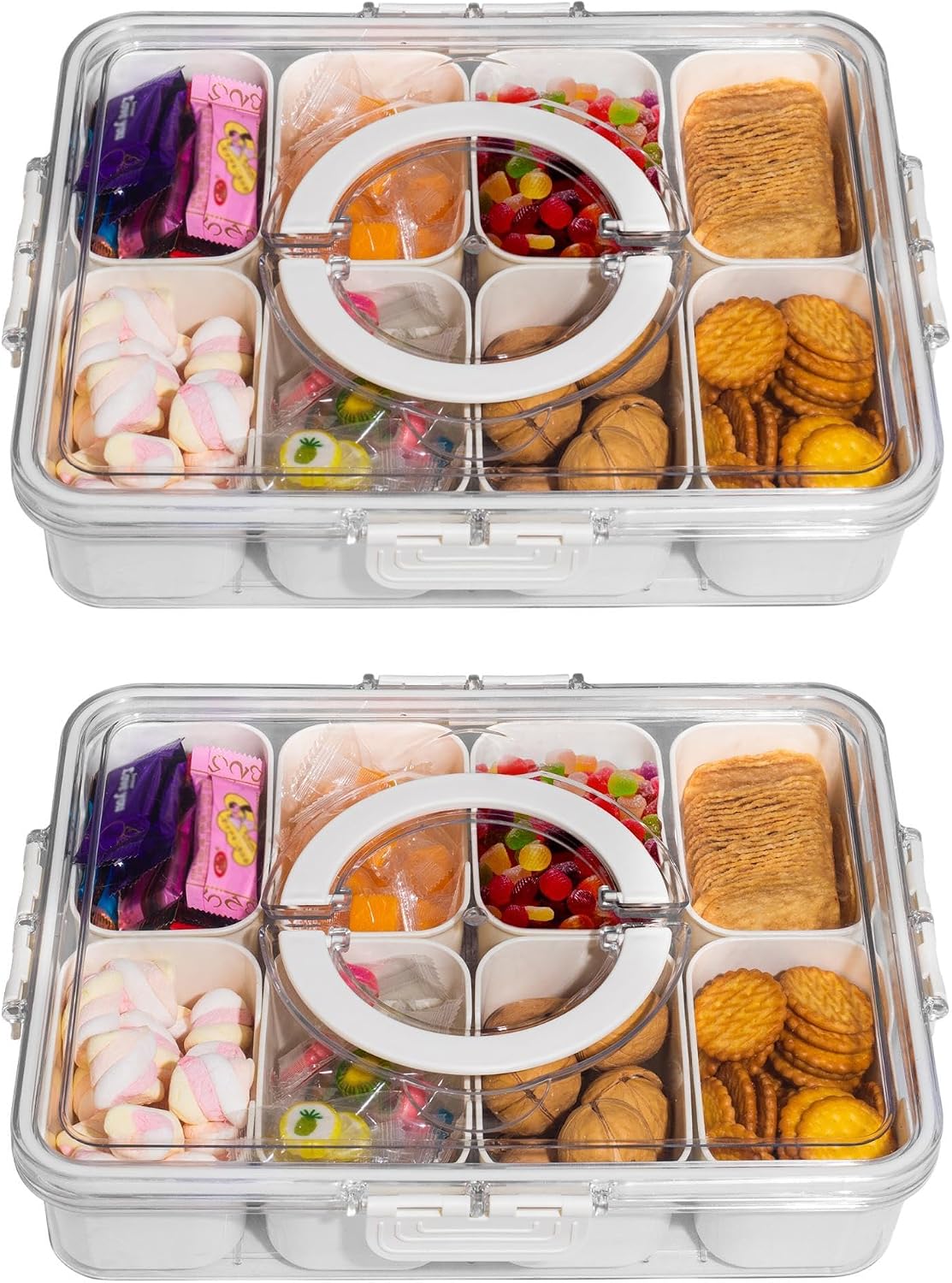WACOI Divided Snack Serving Tray with Lid and Handle travel Snackle Box Charcuterie Container Portable Storage Organizer for Candy, Fruits, Nuts, Snacks 1Pack White