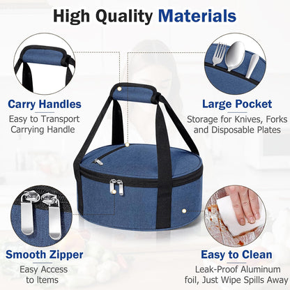Round Insulated Casserole Carrier – 12" Portable Pie Carrier Bag for Hot or Cold Food, Leakproof Thermal Lunch Tote with Handle for Parties Picnic & Travel - Grey
