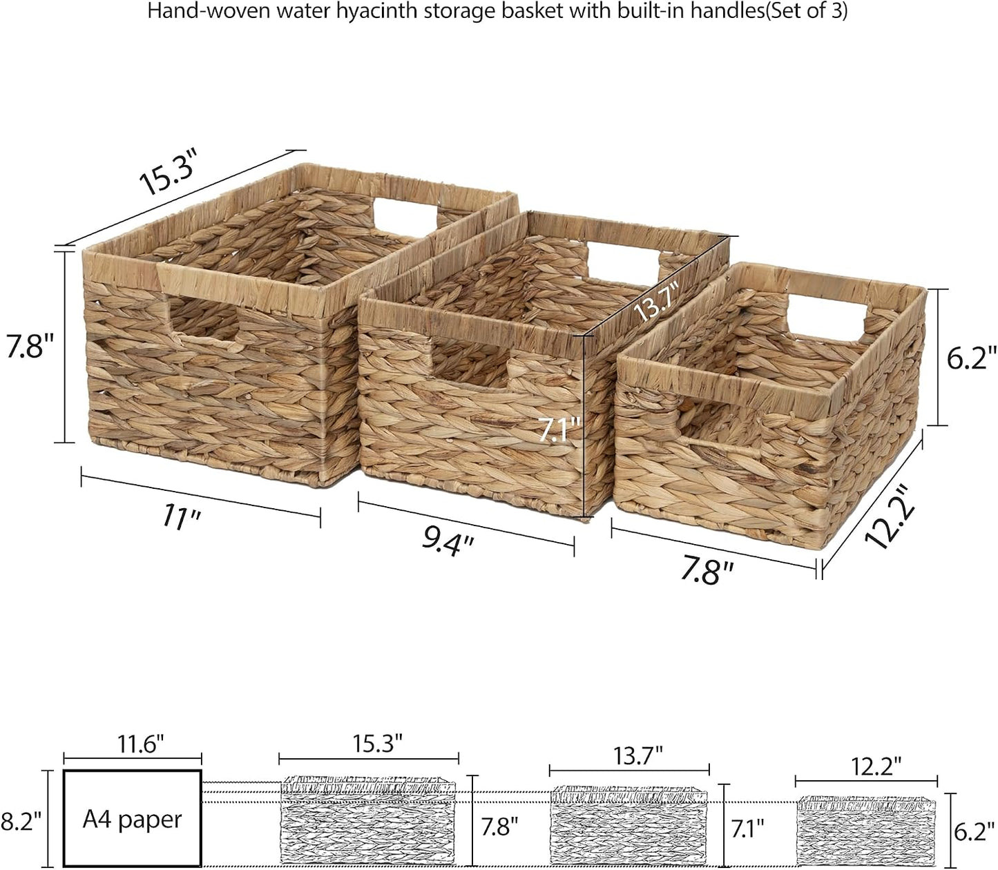 Storage Container, Natural Water Hyacinth Storage Bins Rectangular Basket,Arts and Crafts.