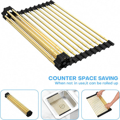 Expandable Roll Up Dish Drying Rack Over The Sink Rack, Foldable Dish Drainer Rack Stainless Steel for Large Sink, Silicone Rollable Collapsible Rack 18 Tube for Kitchen(Sliver,12.8'' to 21.25”)