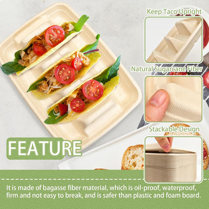 50 Pcs Disposable Taco Holders for Party, Premium Paper Taco Plates with 3 Dividers, Fiesta Taco Holder Trays Stand Rack Serving Set for Taco Tuesday Taco Bar
