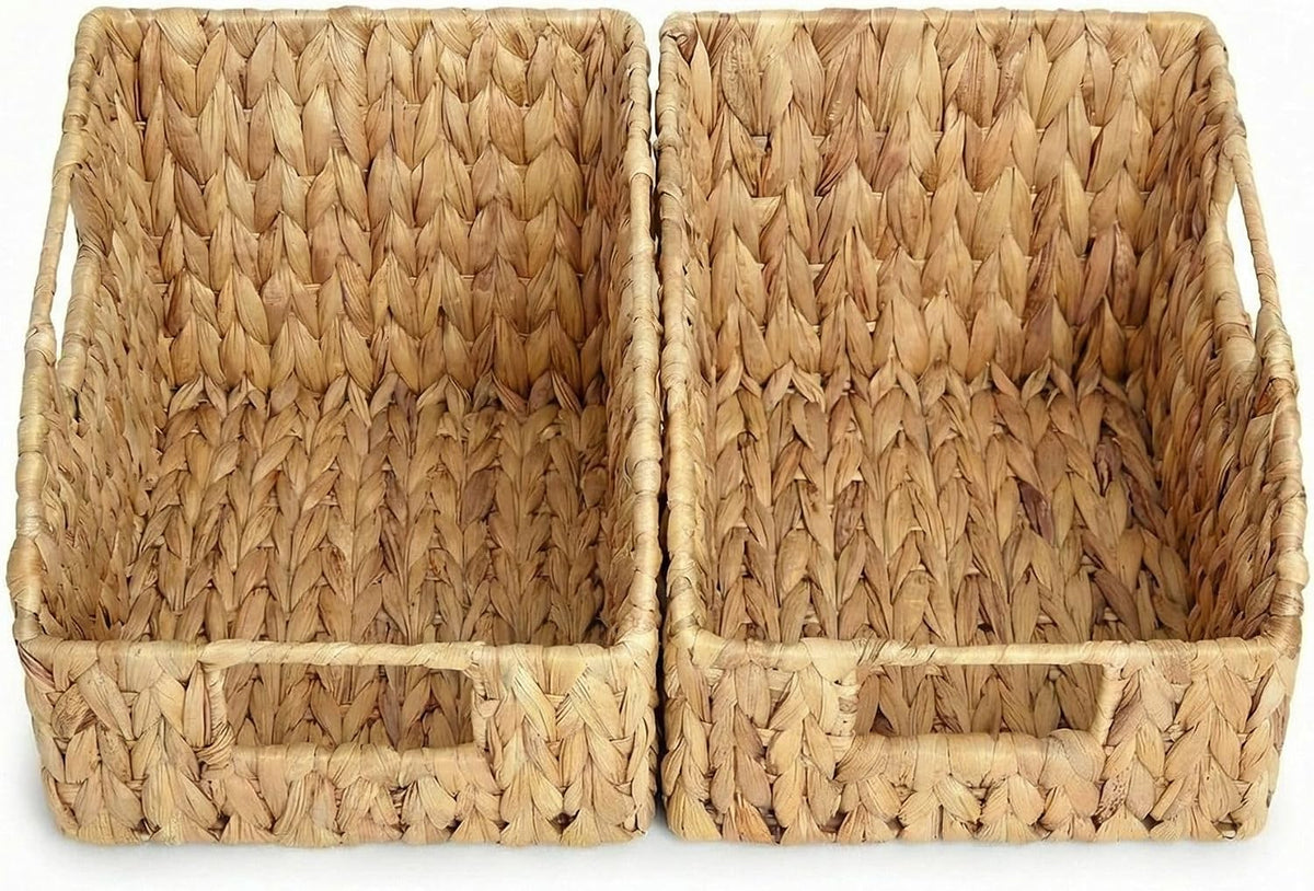 DEILSY™ Water Hyacinth Storage Baskets with Built-in Handles – Handwoven Wicker Pantry Baskets for Shelves, Closet & Kitchen Organization, Eco-Friendly, 2 Pack