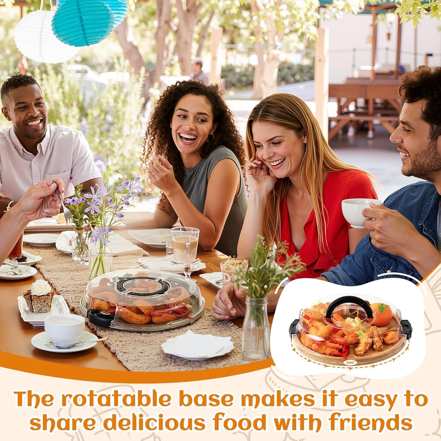 LemonRoad Rotating Charcuterie Board with Lid, 13.5 Inch Round Lazy Susan Cheese Board Portable Bamboo Serving Tray with Compartments, Housewarming Gift for Women Picnic Party Supplies