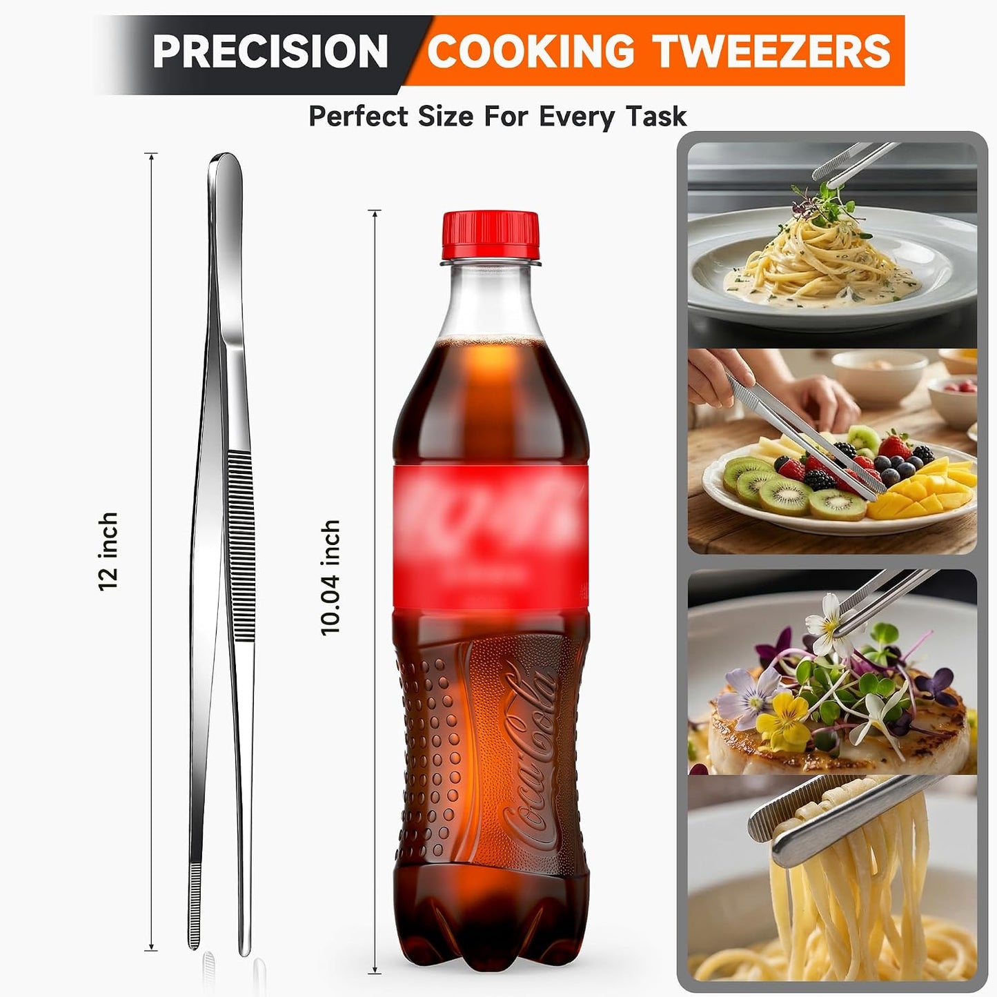Kitchen Tweezers 2PC Cooking Tongs Set, Stainless Steel Food-Grade 12" Long Tweezers, Pointed & Rounded Tip Metal Tongs for Cooking, Kitchen Gadgets for Grilling, BBQ, Pasta, Food Serving
