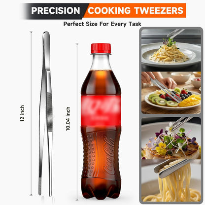 Kitchen Tweezers 2PC Cooking Tongs Set, Stainless Steel Food-Grade 12" Long Tweezers, Pointed & Rounded Tip Metal Tongs for Cooking, Kitchen Gadgets for Grilling, BBQ, Pasta, Food Serving