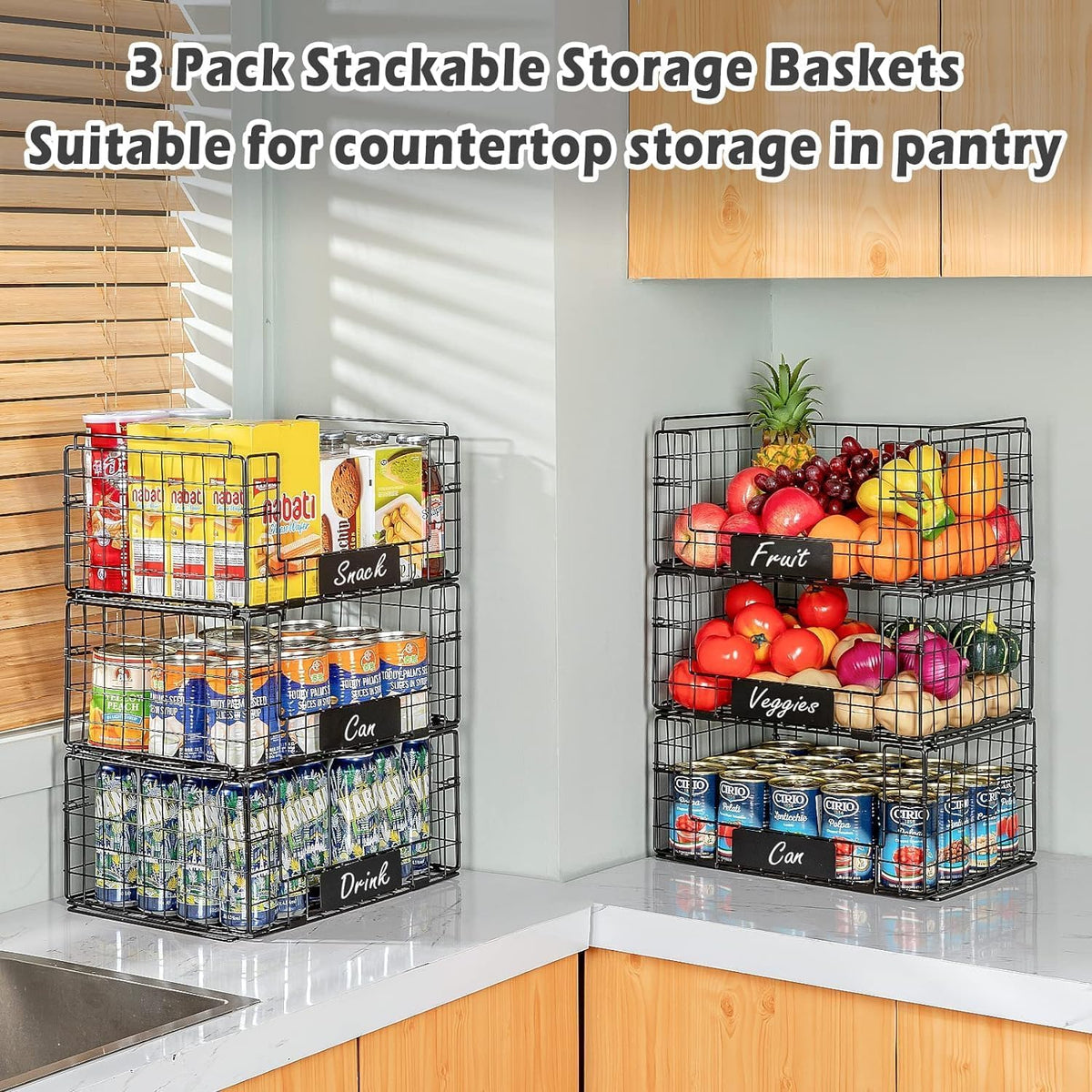 JKsmart 3 Pack XXL Stackable Wire Baskets with Handles for Pantry Storage and Organization, Fruit and Vegetable Basket with Name Plates, Metal Storage Bins for Snack Can Fruit Veggies, XXL