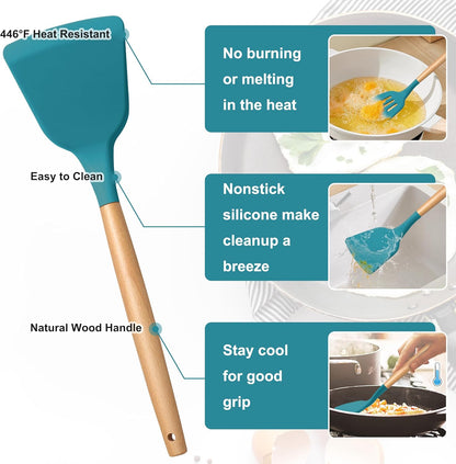 E-far Silicone Cooking Utensils Set, 5-Piece Kitchen Utensils Set with Wooden Handle for Cooking, Silicone Kitchen Nonstick Tools Spatula Turner Slotted Spoons, Nontoxic & Heat Resistant-Khaki