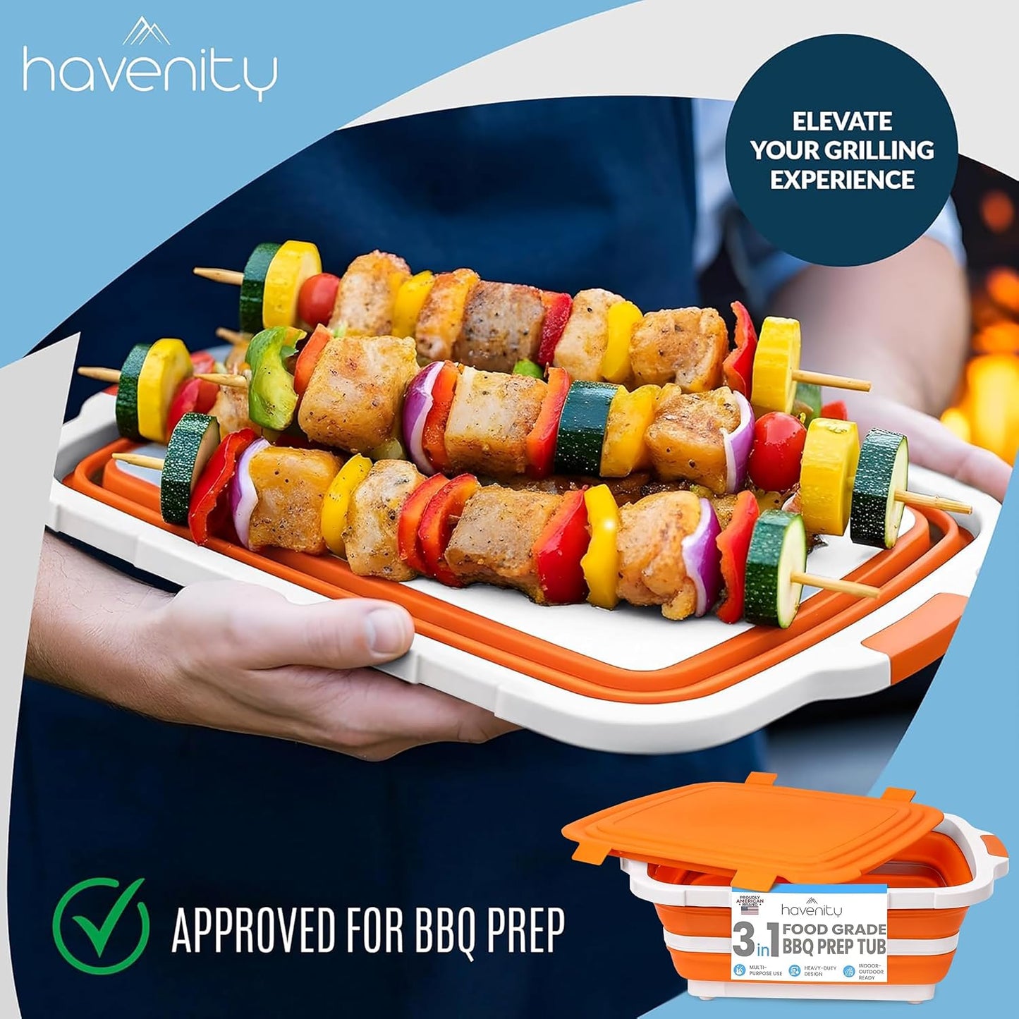 BBQ Prep Tub 8L - Multifunctional Collapsible Camping Cutting Board with Upgraded Locking lid, Meat Storage Container for Meal Prep, Dish Basin Bowl Perfect for Grilling Outdoor Cooking Large