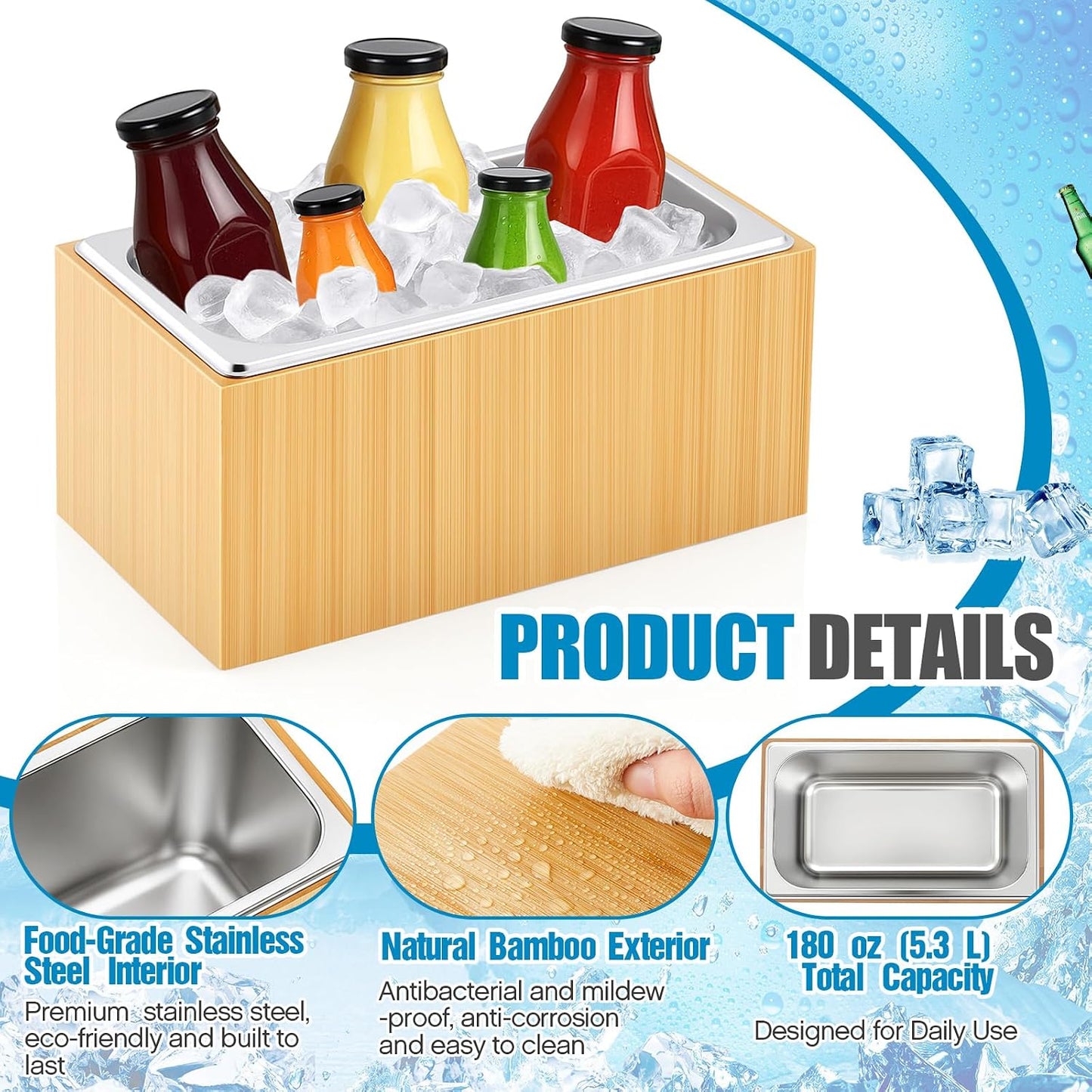 Honeydak Large Ice Housing Bin with Removable Tray Ice Holder Container Wine Beer Champagne Drink Bucket Beverage Tub for Freezer Display Buffet Counter Party Chiller (Bamboo and Steel)