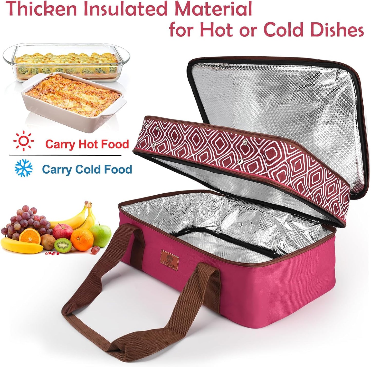 CaCTOUR Casserole Carrier for Hot or Cold Food, Expandable Double Decker Food Carrier with Silicone Hand Protectors - Fits 9“x13” Baking Dish-Lasagna Holder Tote for Parties Potluck Picnic (Gray)