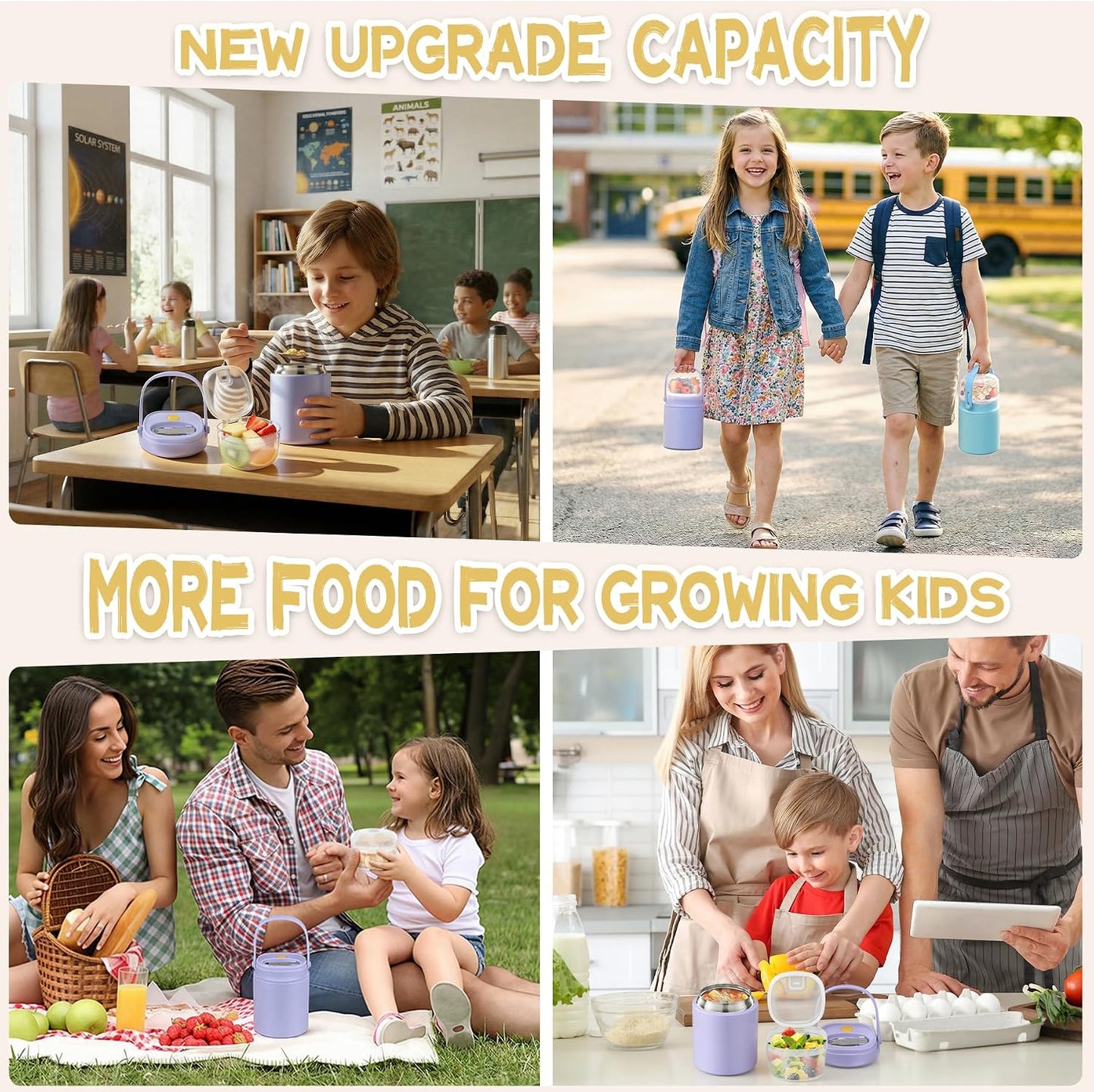 2 - in - 1 Soup Thermo for Hot Food 14oz with Snack Box Container Leak Proof Insulated Lunch Container Kids and Adults Stainless Steel Double Wall Vacuum Wide-mouth Thermal with Spoon and Handle
