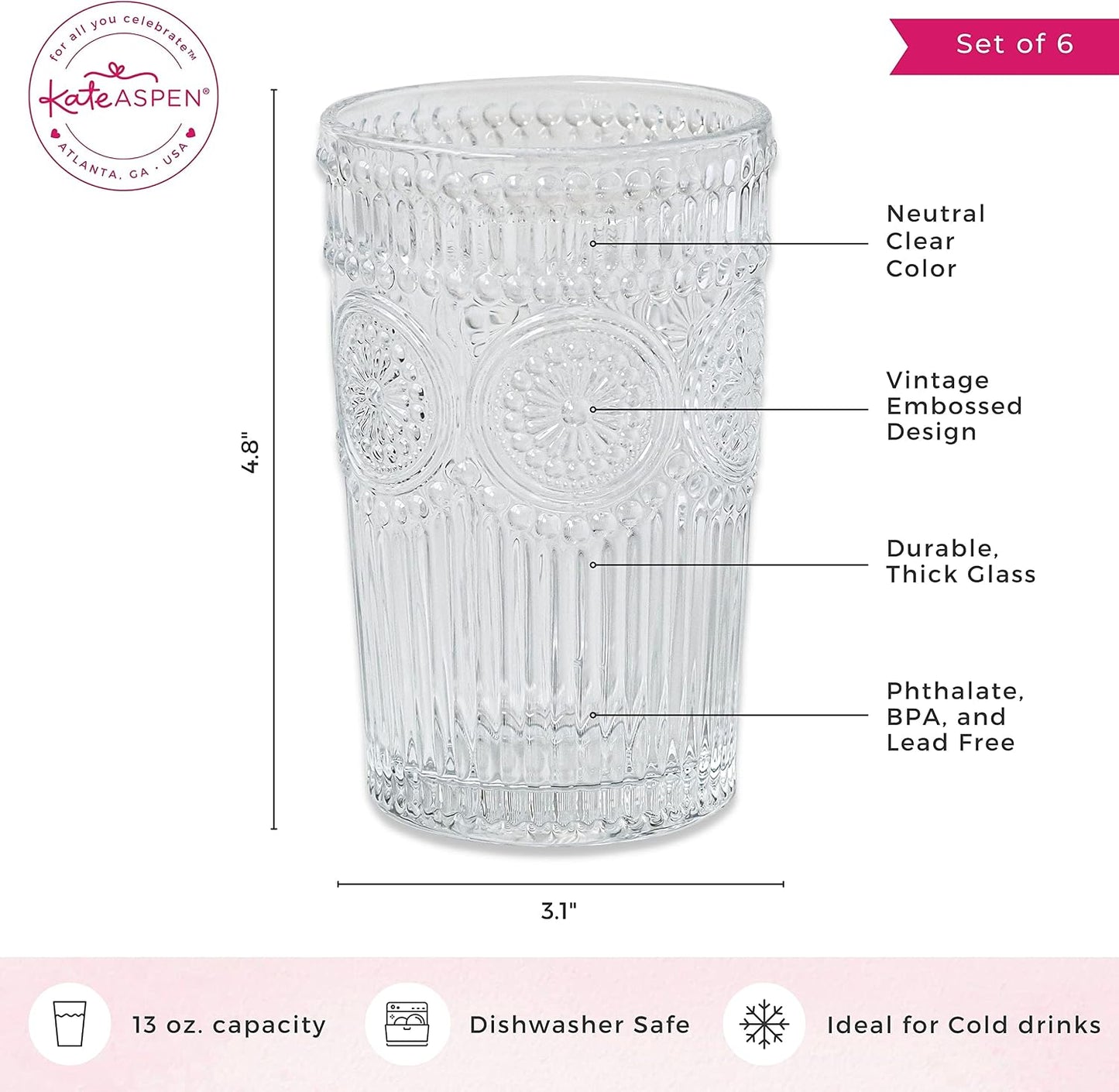 Kate Aspen Vintage Textured Aqua Blue Striped Drinking Glasses Set of 6-13 oz Ribbed Glassware with Flower Design | Cocktail Set, Juice Glass, Water Tumbler