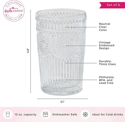 Kate Aspen Vintage Textured Aqua Blue Striped Drinking Glasses Set of 6-13 oz Ribbed Glassware with Flower Design | Cocktail Set, Juice Glass, Water Tumbler
