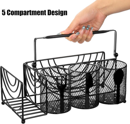 Metal Utensil Caddy with 5 Compartments, Black Mesh Silverware Caddy Organizer, Flatware Storage Holder for Napkins, Plates, Party, Camping, Picnic, Buffet, RV, BBQ, Kitchen, Countertop