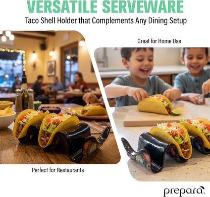Prepara Taco Holder, Day of the Dead Design - Decorative Soft/Hard Shell Stand, Durable Melamine Food Organizer for Día de los Muertos, Festive Serveware for Taco Nights & Restaurant Use (3-Pack)