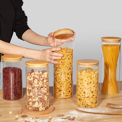 Vtopmart Glass Food Storage Jars, 7 Pack Kitchen Containers with Airtight Bamboo Wooden Lids for Pasta, Cookies, Nuts, Coffee Beans, Cereal, Canisters Set for Flour, Pantry Organization, BPA Free