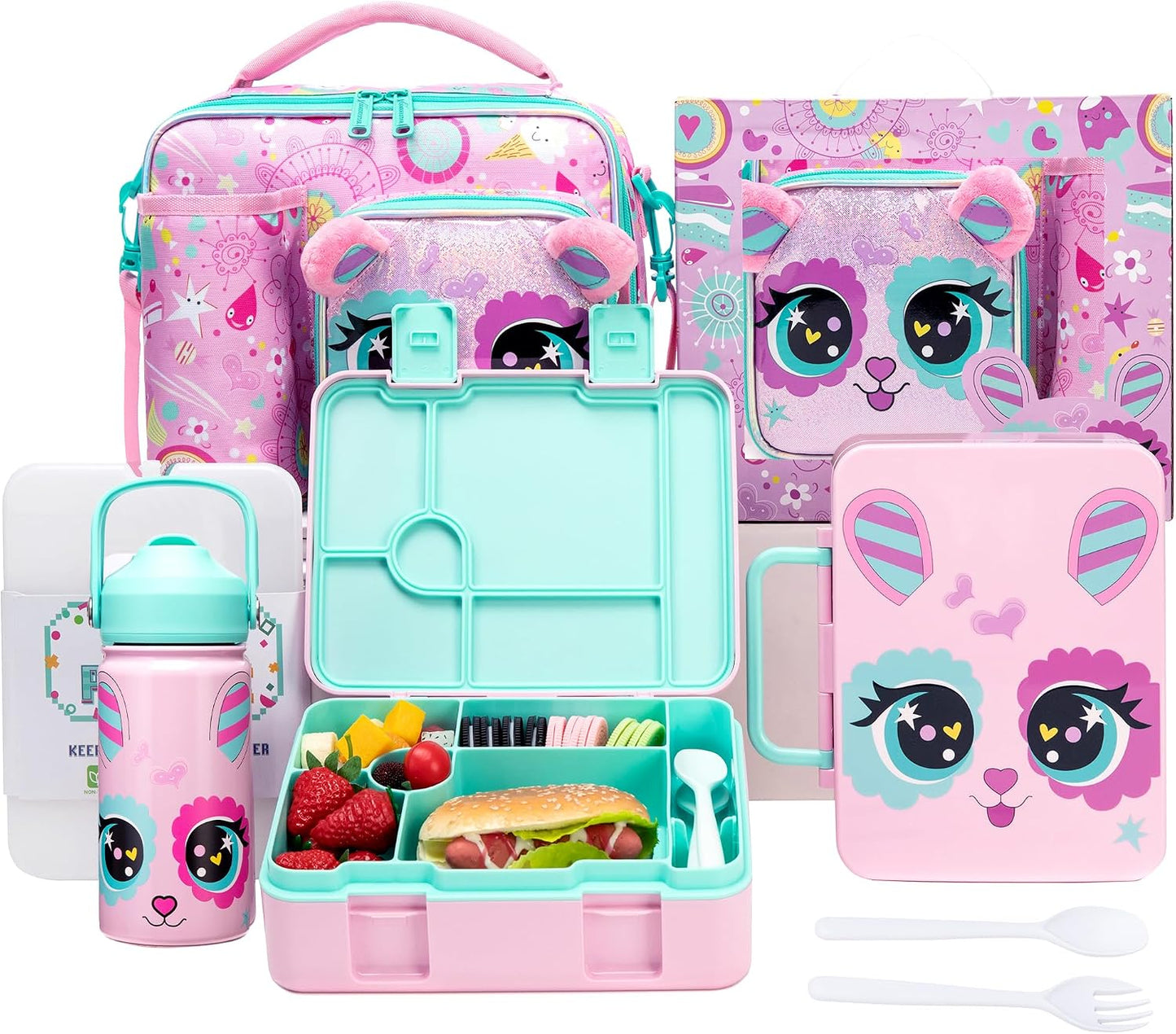 Kids Bento Lunch Box with 6 Compartments Girls Lunch Box with Lunch Bag,Stainless Steel Water Bottle,Ice Pack & Utensils Set,Birthday Gifts for Ages 3-12 Back to School Toddler Girls