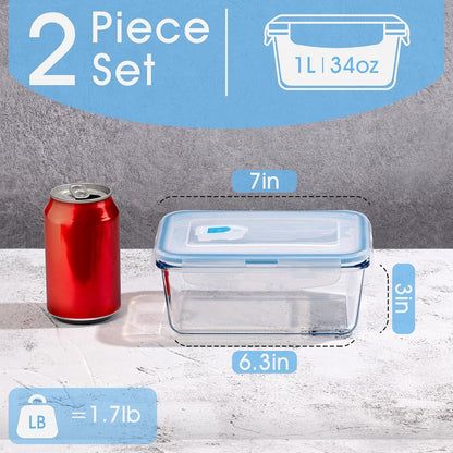 NUTRIUPS 34oz Glass Food Storage Containers with Lids, 1.0L Rectangle Meal Prep Containers, Airtight Reusable Lunch Container Set of 2