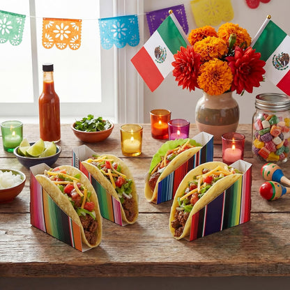 LemonRoad 48 PCS Paper Mexican Taco Holder Disposable Fiesta Taco Shell Holder for Cinco de Mayo Party Bar Serving Set, Fiesta Party Supplies Decorations(Stripe)