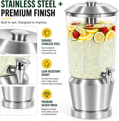 Drink Dispenser with Ice Chambers, Lemonade Tea Water Dispenser with Spigot, Stainless Steel Beverage Jar Jug, Perfect for Home Parties, Weddings, Gifts & Events (Gold, 3, Gallons)