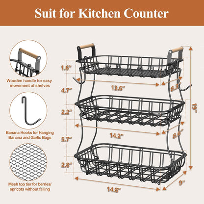 3 Tier Fruit Basket with 2 Banana Hooks, Large Capacity Multifunctional Detachable Sturdy Fruit Bowl with Wooden Handle Mesh Top for Kitchen Counter, for Bread Snacks Vegetables Produce, Black
