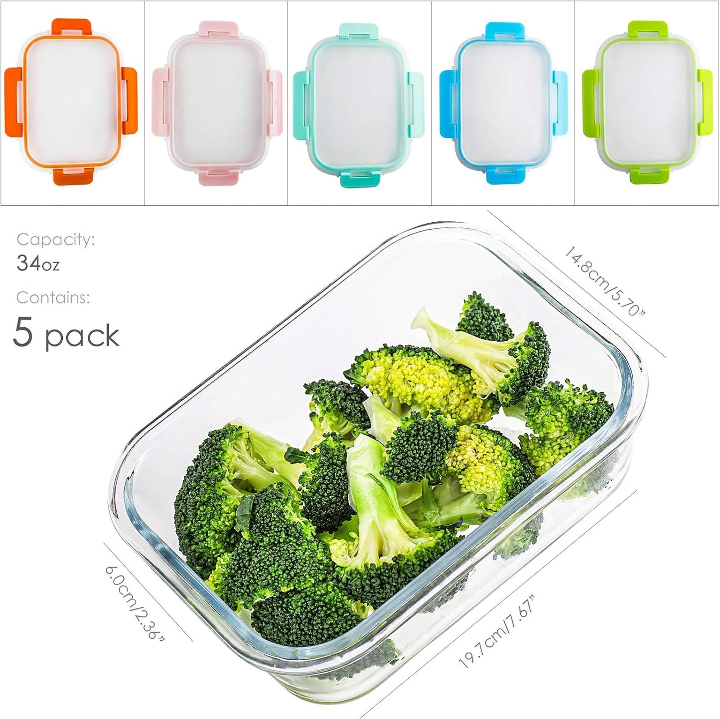 C CREST [5-Pack] Glass Lunch Box, Meal Prep Glass Containers with Lids, Glass Food Storage Containers, 34 OZ