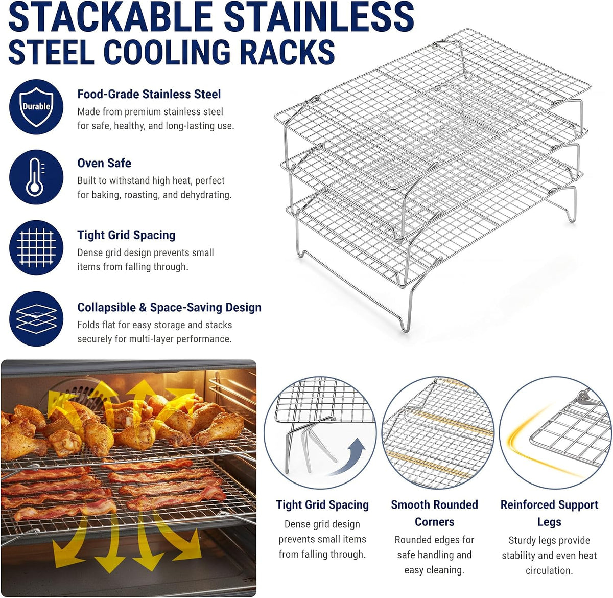 E-far Cooling Rack 15”x10”, 3-Tier Collapsible for Cooking and Baking