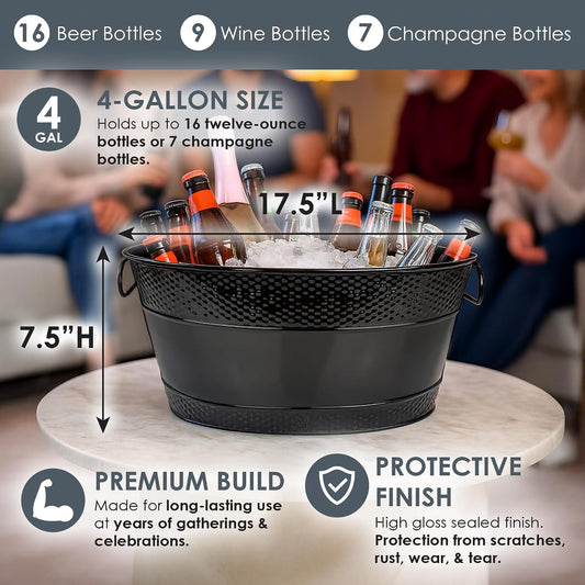 BREKX White Drink Cooler for Parties, Sealed Leak & Rust Resistant Galvanized Tub, Large Ice Bucket and Drink Bucket with Handles, 15 Quarts (4 Gallon), Oval Bucket with Easy to Clean Glossy Finish