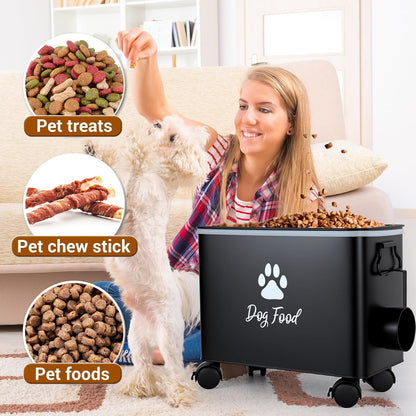 Dog Food Container 13lb, Cute Airtight Pet Food Storage Containers with Metal Lid Scoop, Black Metal Storage Bin for Dog/Cat with Wheels,Easy to Move