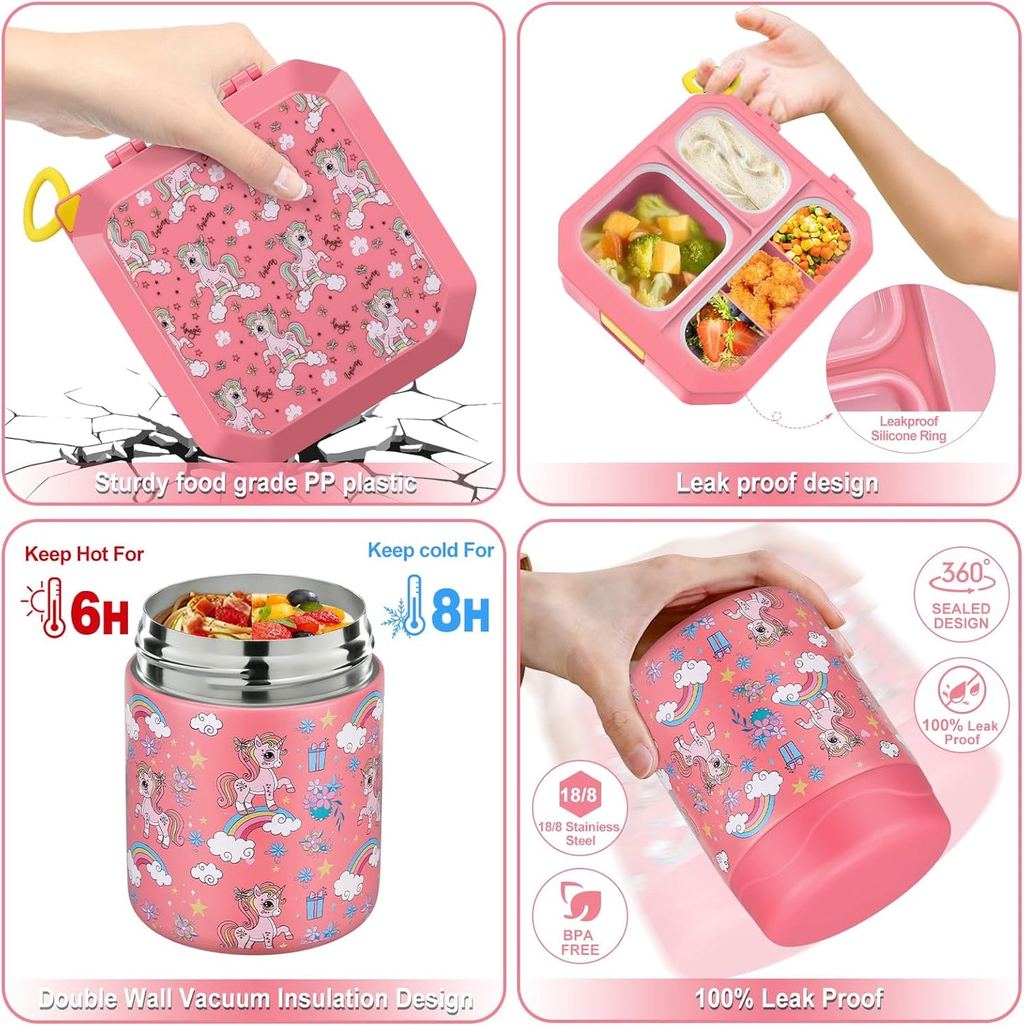 wiwens Bento Lunch Box for Kids with 12oz Soup Thermo Leak-Proof Lunch Food Container with 5 Compartment Thermo Hot Food Jar and Insulated Lunch Bag for Kid Toddler Girls Boys to School