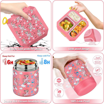 wiwens Bento Lunch Box for Kids with 12oz Soup Thermo Leak-Proof Lunch Food Container with 5 Compartment Thermo Hot Food Jar and Insulated Lunch Bag for Kid Toddler Girls Boys to School