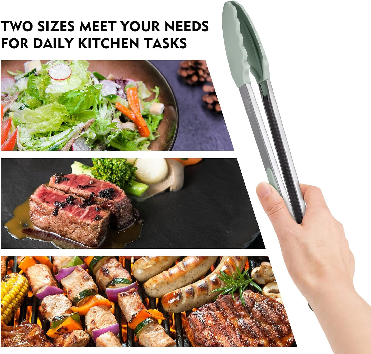 HOTEC Premium Stainless Steel Locking Kitchen Tongs with Silicon Tips, Set of 2-9" and 12"
