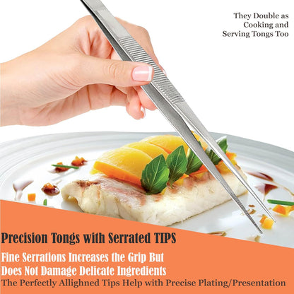 6 Inch Professional Culinary Stainless Steel Precision Tongs with Serrated Tips, Plating/Food Presentation Detailing Serving Tongs, Chef's Kitchen Tweezer Tongs - Ultra Non-Slip Grip