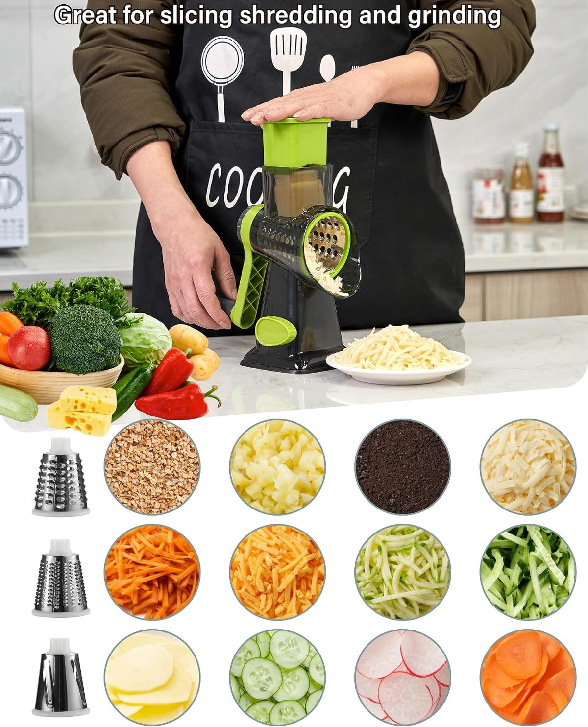 Rotary Cheese Grater hand crank 3 blades with Stronger Suction Base | Stainless Steel Blades for Fruits, Vegetables, Nuts. Dishwasher Safe & Easy to Clean, Transparent Black & Blue