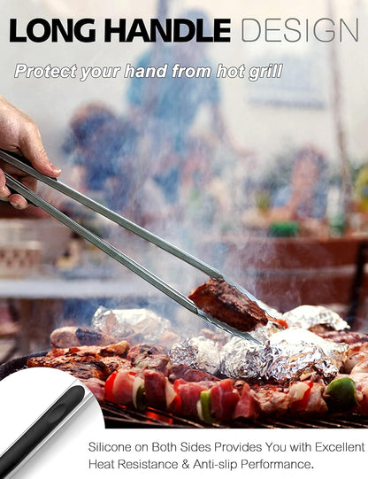 Anaeat Premium Kitchen Locking Tong Set of 3 - Heavy Duty Stainless Steel Food Tongs with Long Handle & Non-Slip Silicone Grip for Cooking, Baking, Grilling - Heat Resistant up to 480°F
