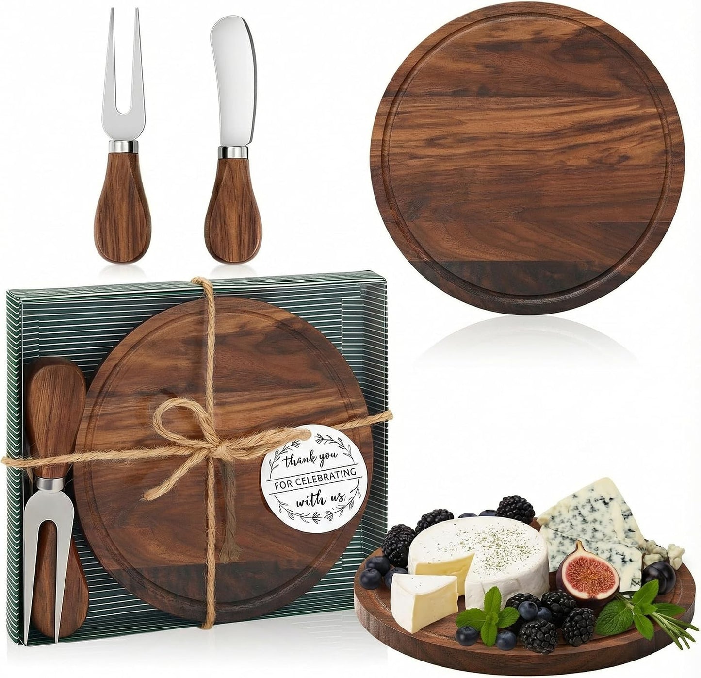 Maxcheck 6 Sets Baby Shower Bridal Game Prizes for Winners Round Cheese Board Set Wood Mini Charcuterie Board with Knives and Forks Thank You Card with Gift Box for Guests Wedding (Bamboo)