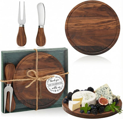 Maxcheck 6 Sets Baby Shower Bridal Game Prizes for Winners Round Cheese Board Set Wood Mini Charcuterie Board with Knives and Forks Thank You Card with Gift Box for Guests Wedding (Bamboo)