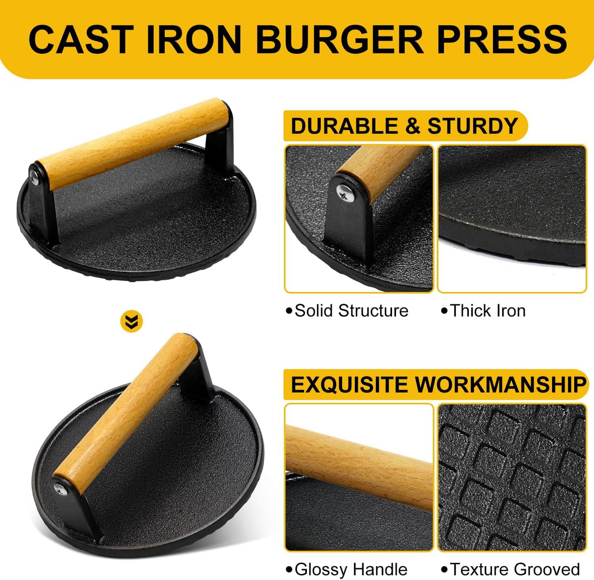 AIVIKI Burger Press, Smash Burger Press for Blackstone Griddle, Heavy Duty Cast Iron Round 6.9In & Rectangular 8.2x4.2In Bacon Grill Press with Wood Handle, Meat Steak Weight for Sandwich, Paninis