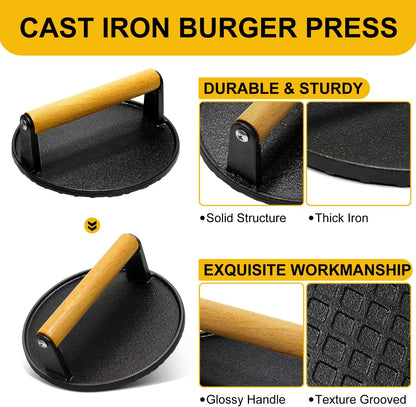 AIVIKI Burger Press, Smash Burger Press for Blackstone Griddle, Heavy Duty Cast Iron Round 6.9In & Rectangular 8.2x4.2In Bacon Grill Press with Wood Handle, Meat Steak Weight for Sandwich, Paninis