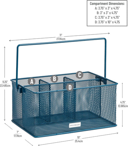Mind Reader Multi-purpose Storage Caddy with Handle, Desktop Organizer, Cutlery Holder, 4 Compartments, Metal Mesh, Black
