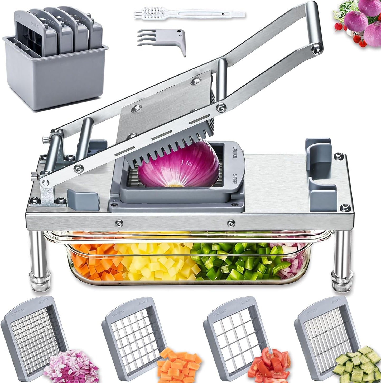 Stainless steel Vegetable Chopper, Veggie Chopper With 10 Blades, Onion Dicer with Container, Food Cutter & Grater Mandoline Slicer