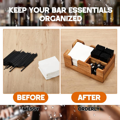 Mifoci Wooden Bar Caddy with 6 Compartments, Acacia Wood Bar Caddy Napkin & Straw Holder Organizer Cocktail Napkin Holder Condiments for Home Office Kitchen Countertop (Brown, 10.6 L x 5.5 W)