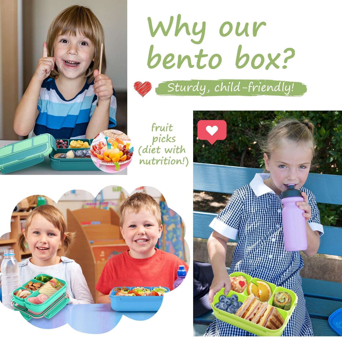 QQKO Bento Lunch Box for Kids Girls Boys, Toddler Kids Lunch Boxes for School, Lunch Containers for Adults with 4 Compartments, Sauce Container, Utensils, Food Picks and Muffin Cups, Purple