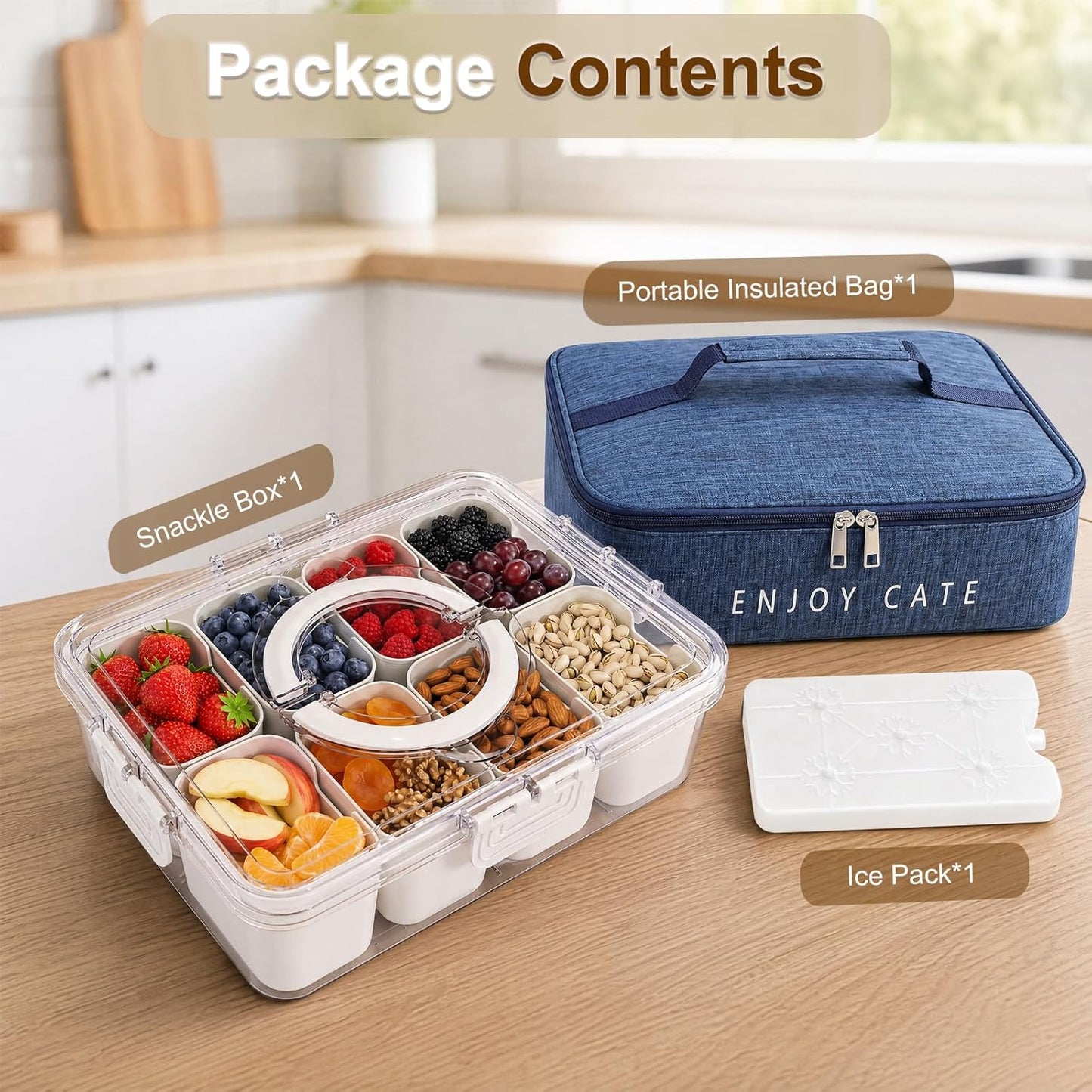 Chilled Snackle Box Container with Ice Pack, Divided Serving Tray with Lid & Handle Portable Snack Tackle Box Container with Insulated Bag 8 Compartment Clear Snacklebox for Beach Road Trip Picnic