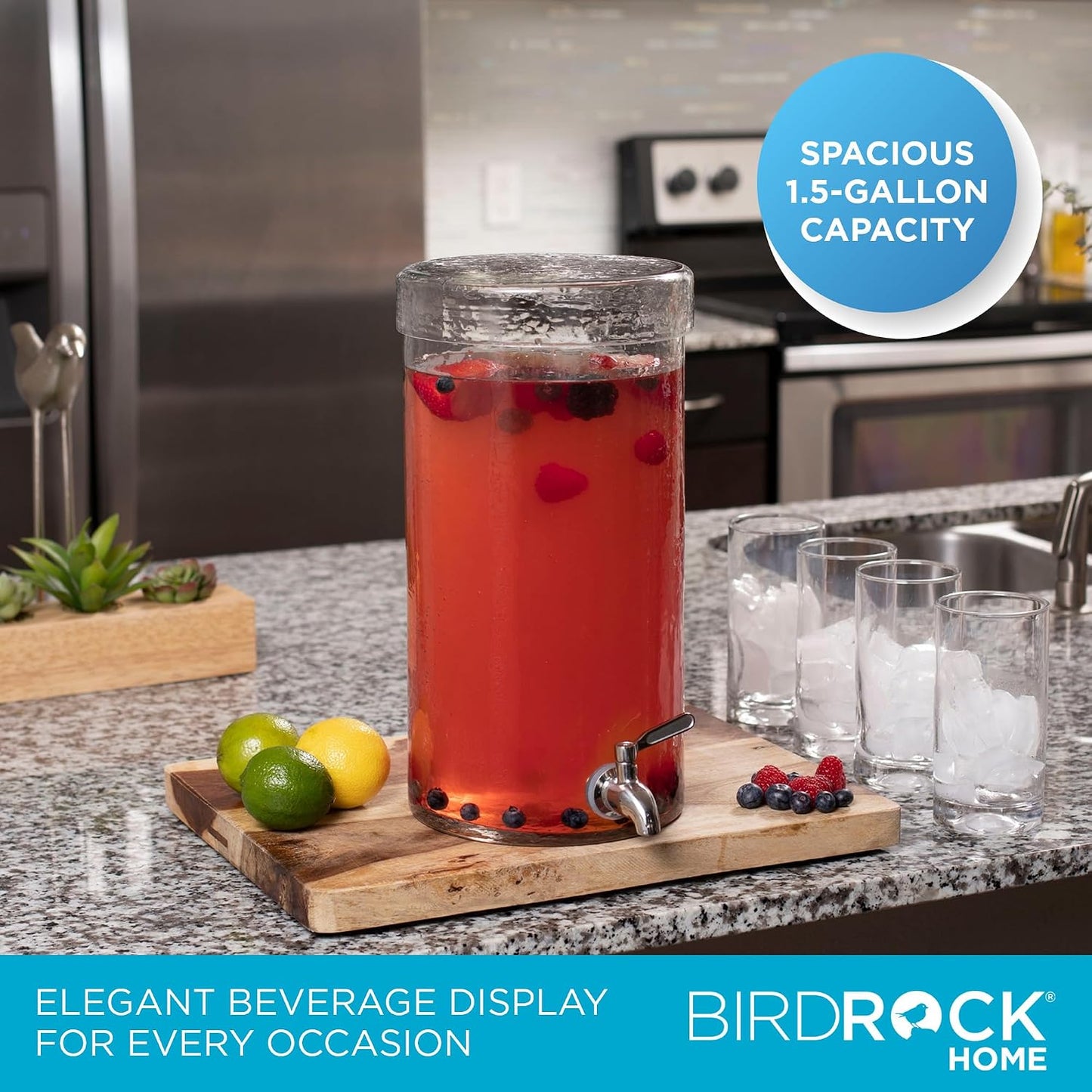 BIRDROCK HOME Beverage Dispenser with Stand & Stainless Steel Spigot - Hammered Glass Drink Dispenser for Parties Home & Events - Ideal for Serving Tea, Lemonade, Juice, Sangria, Cocktail - 1.5 Gallon