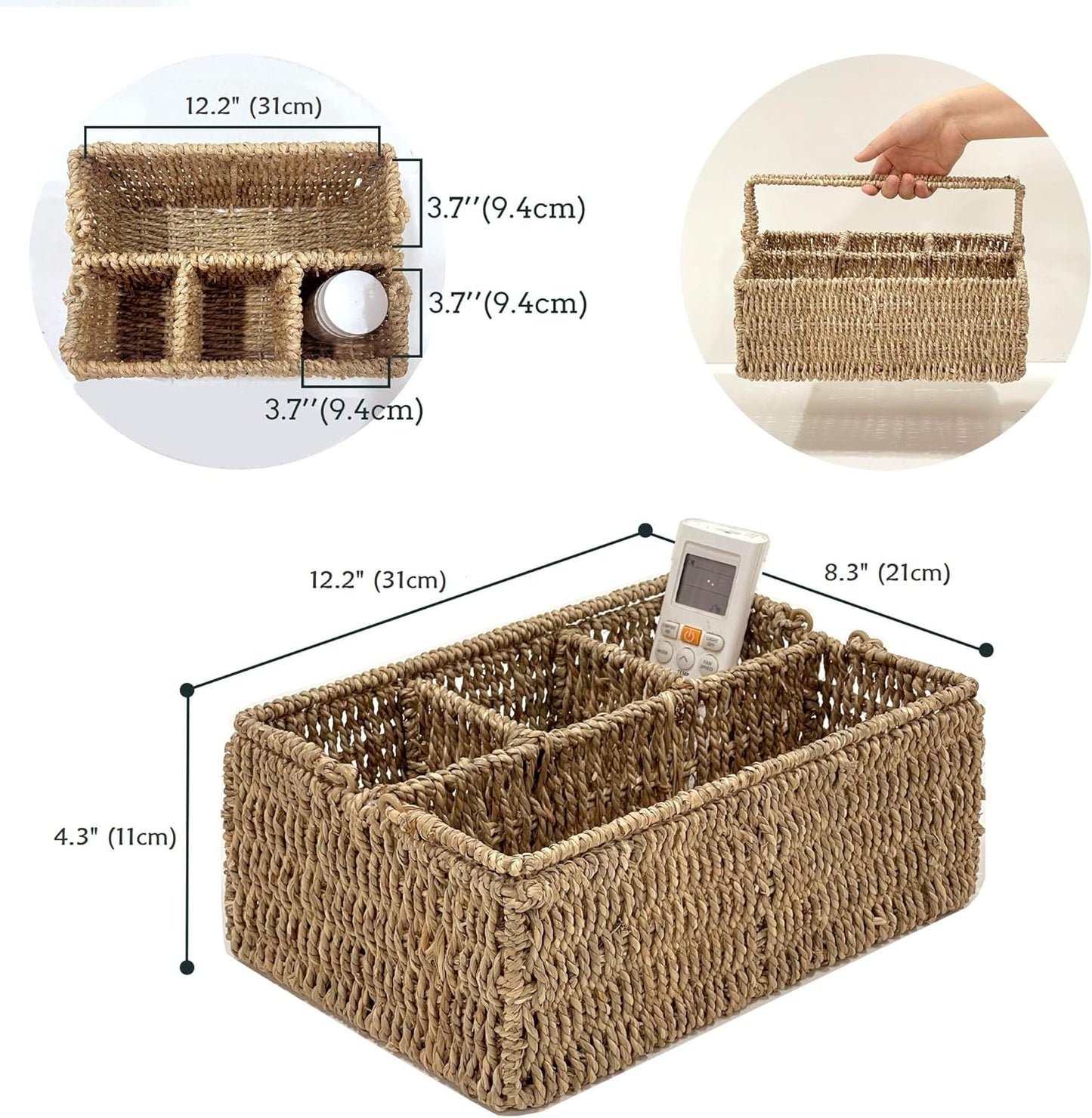 PEMAR Large L-Sized Hand Woven Utensil Caddy Carrier, Natural Jute Wicker Condiment Holder for Table, Kitchen Set Counter Top Silverware Organizer, Rustic Storage for Forks, Spoons, Seagrass