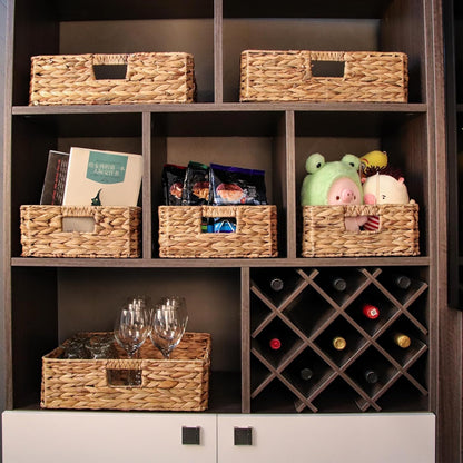 Rectangular Wicker Shelf Basket, Square Water Hyacinth Woven Storage Basket | Three-sided handle design, Natural water hyacinth material, Suitable for the living room, storage room, vanity, and wardrobe
