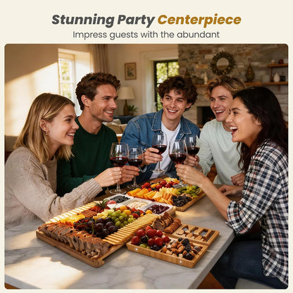 Large Charcuterie Board Set with Knife Set, 12.6" × 11.2" Square Fruit Tray, Bamboo Cheese Platter (Double-Drawer), Great for Group Gatherings, House Warming Gifts New Home, Birthday Gifts for Women