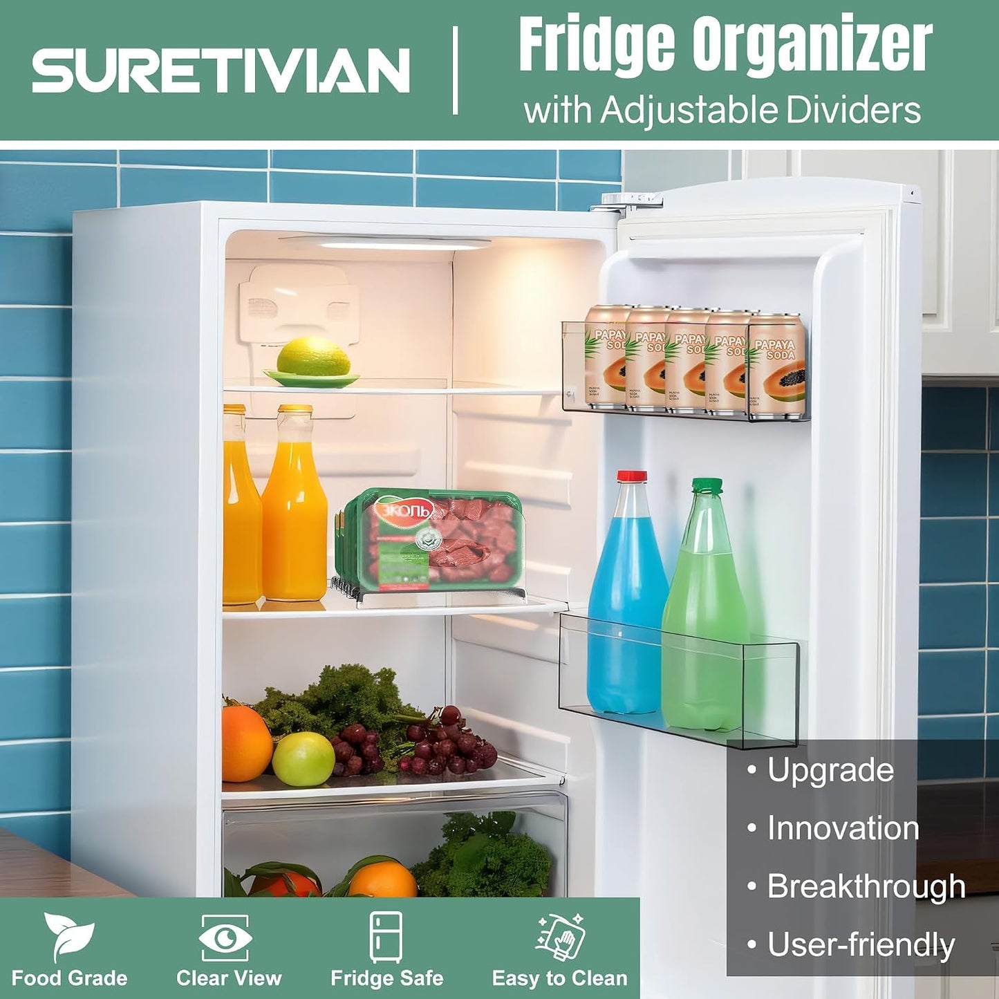SURETIVIAN Freezer Organizer 12” Visible Fridge Organizer Rack with Removable Dividers and Handles, Freely Adjustable, Fits Refrigerator Frozen Meals, Lunch Meat Box, Cheeses (Mint Green)
