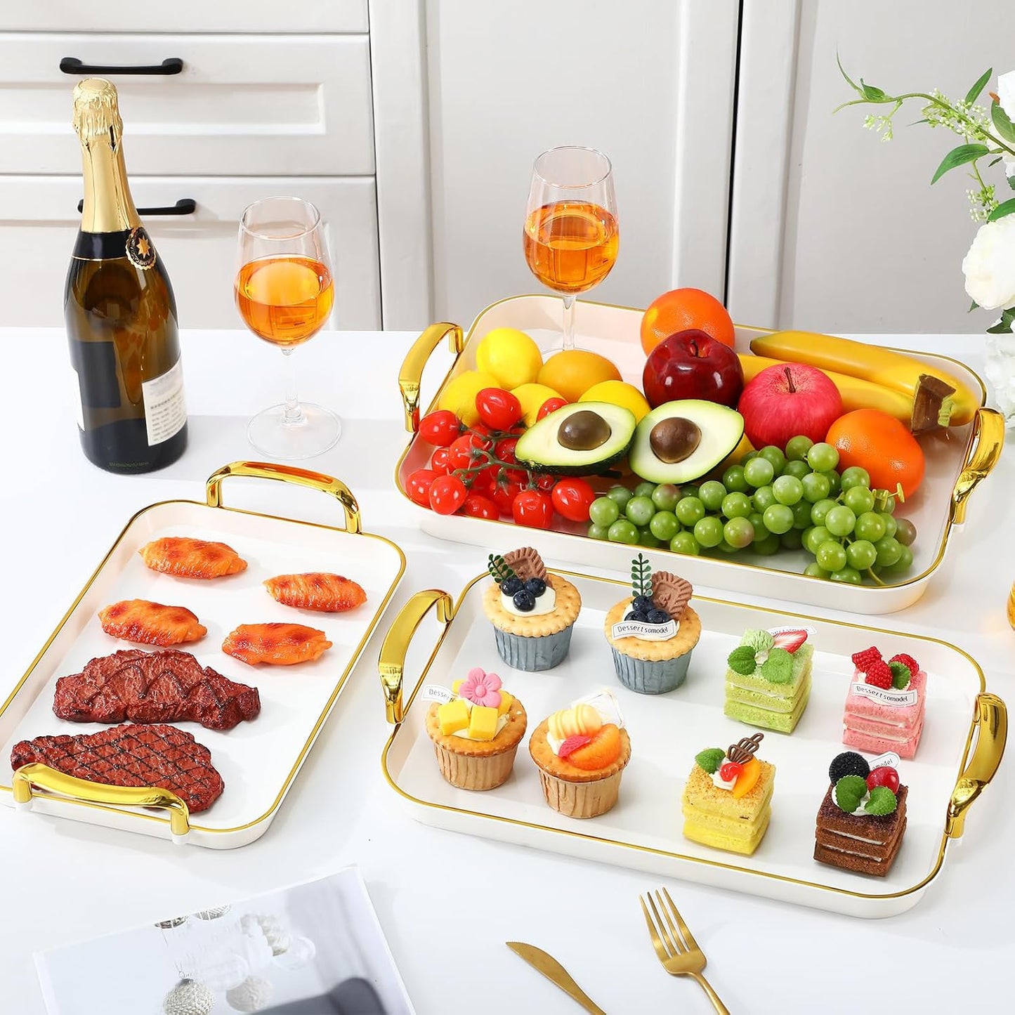 Rtteri Set of 6 Serving Platters with Handles 18.3/16.73/14.8 Inch Large Rectangular Trays, Reusable Pet Plastic for Entertaining, Dinner Parties, Weddings(Round Beads Handles,White)